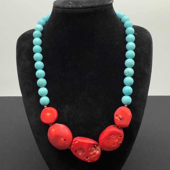 Statement Turquoise & Red Coral Beaded Necklace Sterling Silver Toggle Clasp - Picture 1 of 13